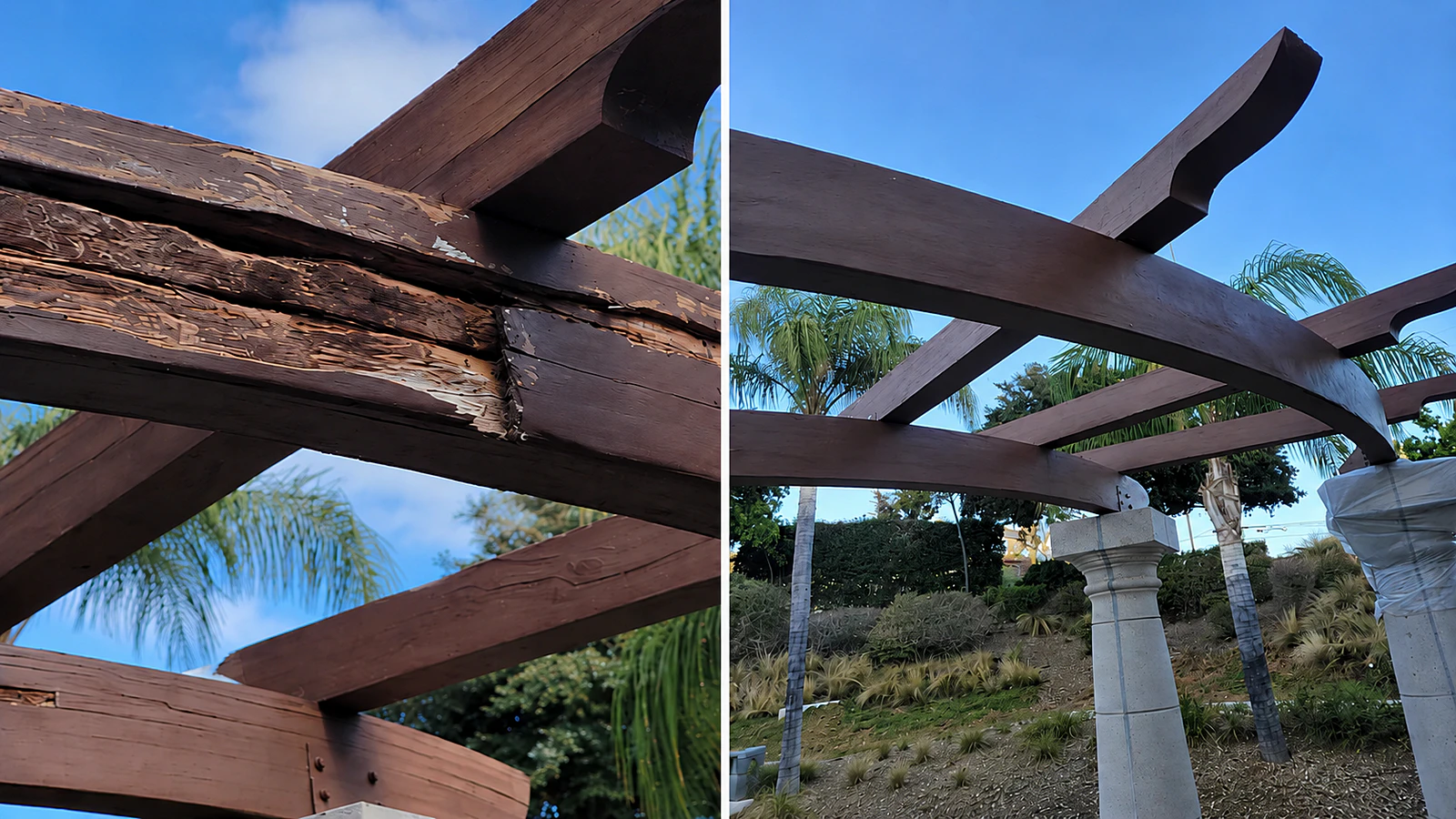 Before and after restoration of a damaged exterior pergola beam using the WRP Wood Repair System