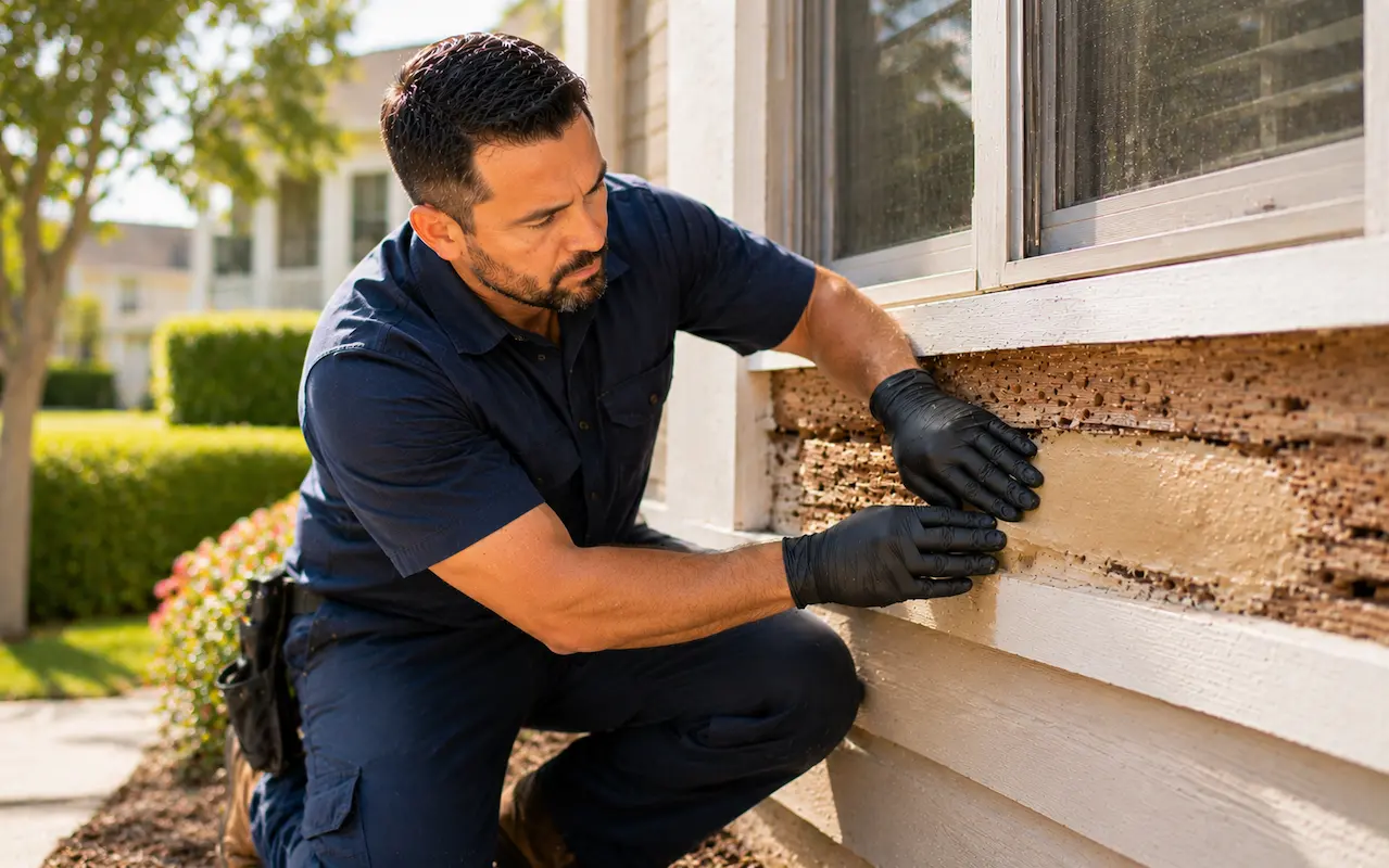 Pest control professional repairing termite damaged wood with epoxy repair.
