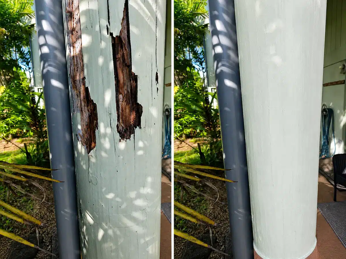 Before-and-after photo of a rotten porch column restored using the WRP Wood Repair System.