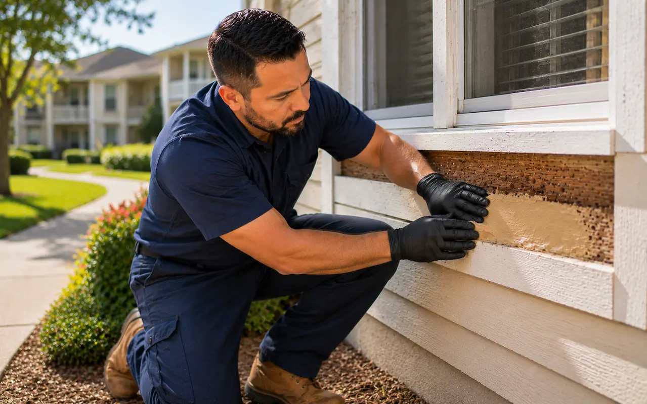 Apartment maintenance technician repairing damaged exterior wood.