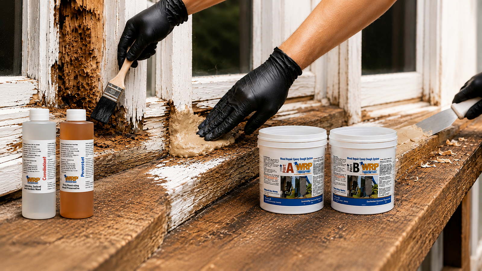 Technician applying WRP epoxy wood repair system with consolidant, epoxy dough, and putty knife to permanently restore a rotten wood window frame