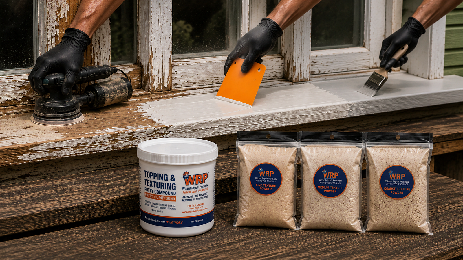 Technician sanding repaired wood, applying WRP Topping and Texturing Compound with a spreader, creating wood grain texture, and preparing the repaired wood for primer and paint