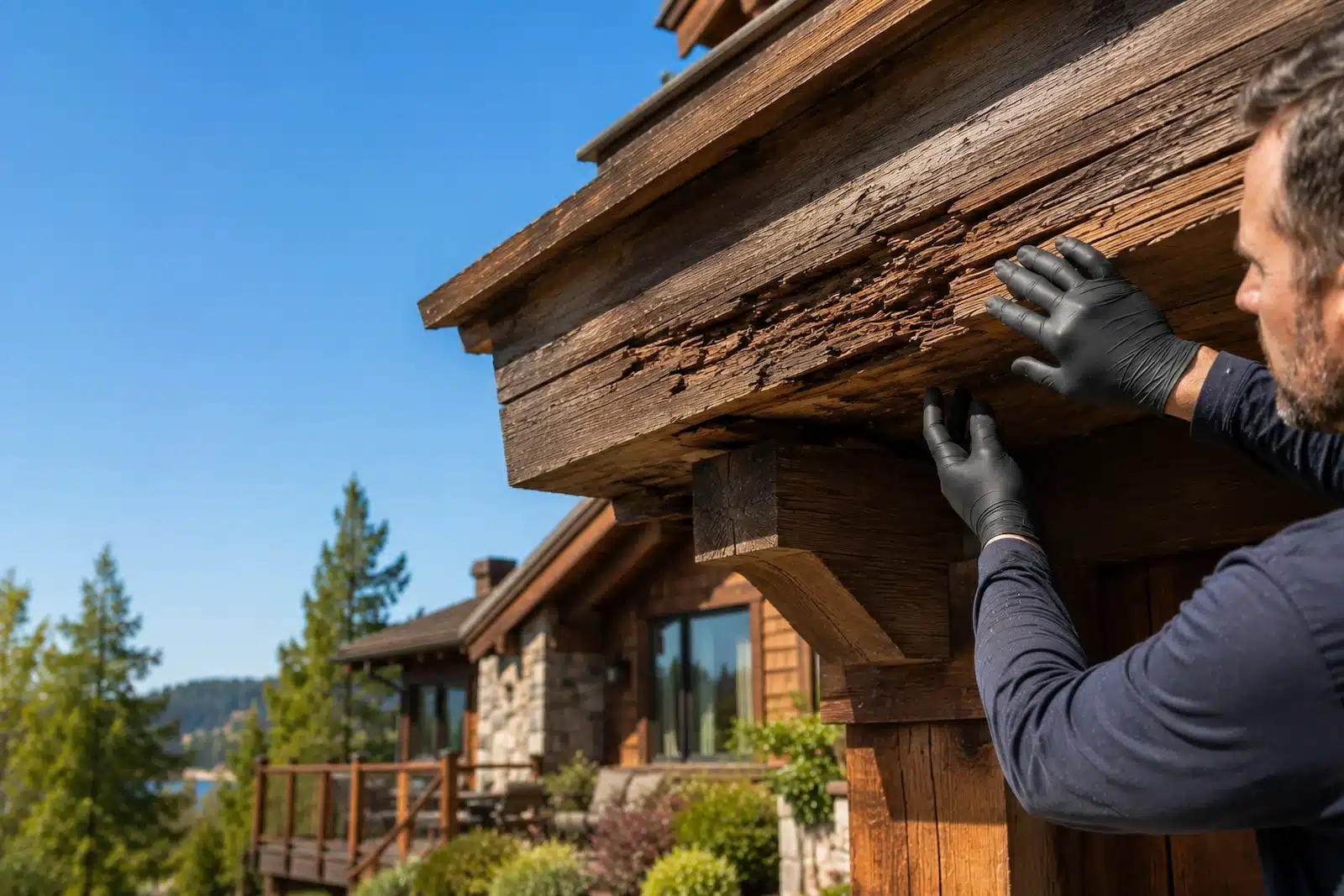 Contractor inspecting exterior beam damage caused by wood rot before repair