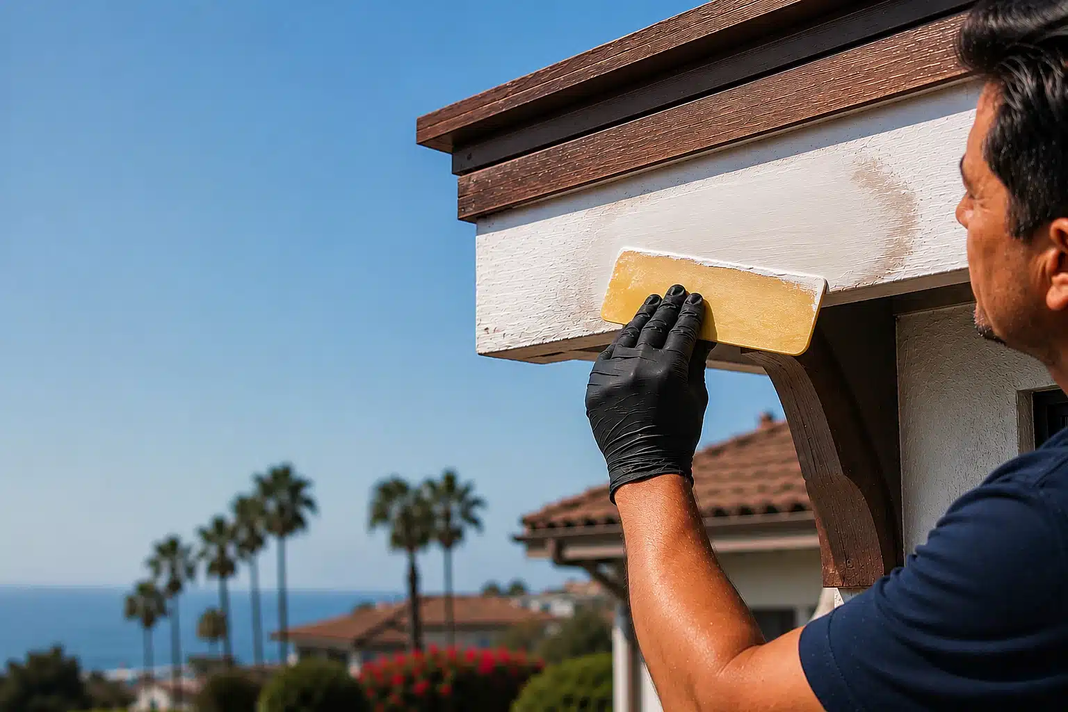 Professional contractor applying white WRP Topping Compound with a yellow 6-inch spreader over a cured epoxy wood repair.