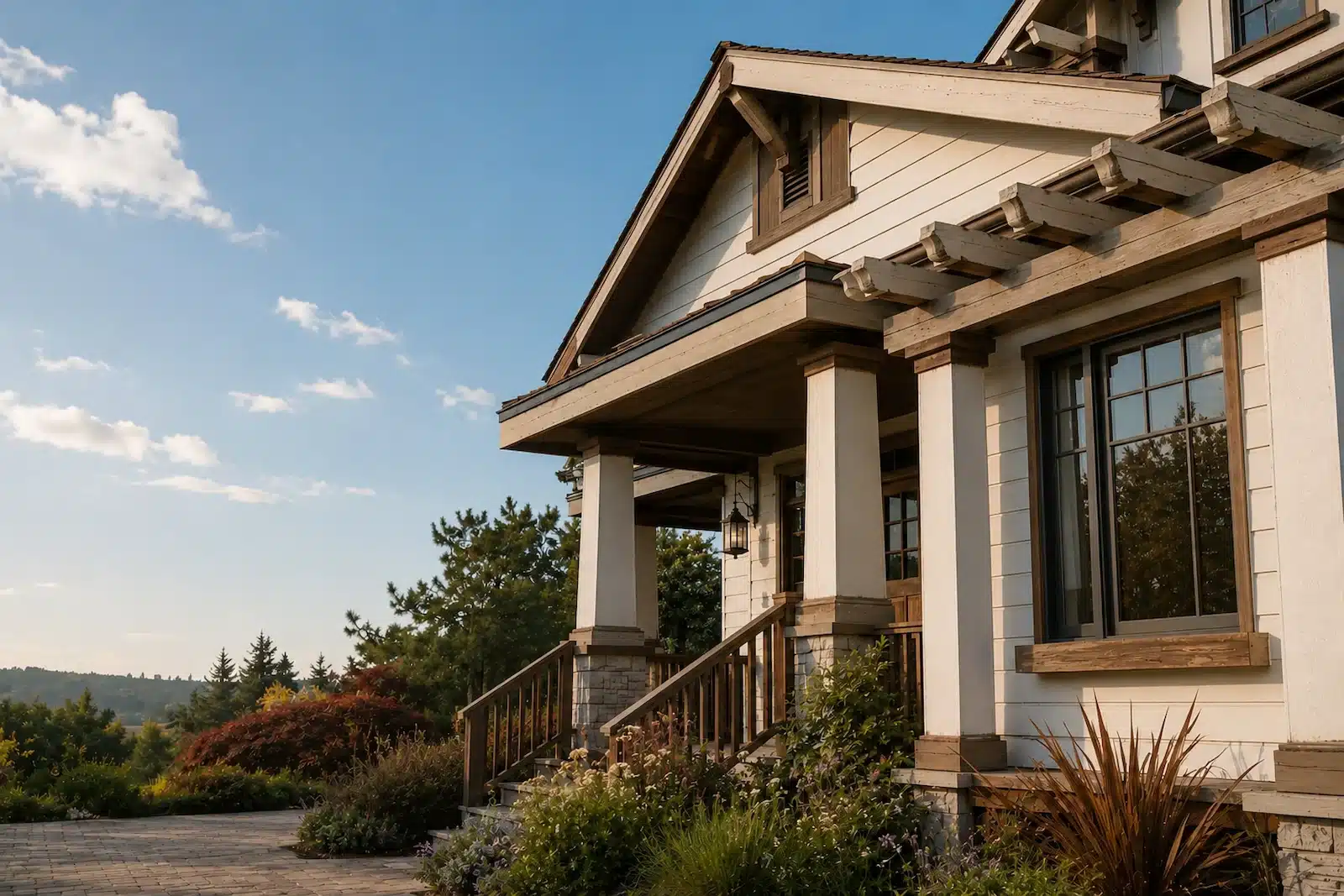 Exterior home showing common locations where wood rot commonly appears, including fascia boards, beam ends, window trim, porch columns, and stair railings.