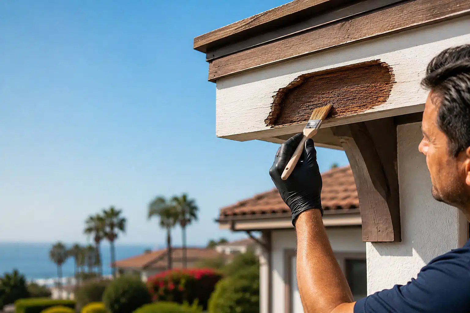 Professional contractor applying wood consolidant to deteriorated exterior wood before epoxy repair.