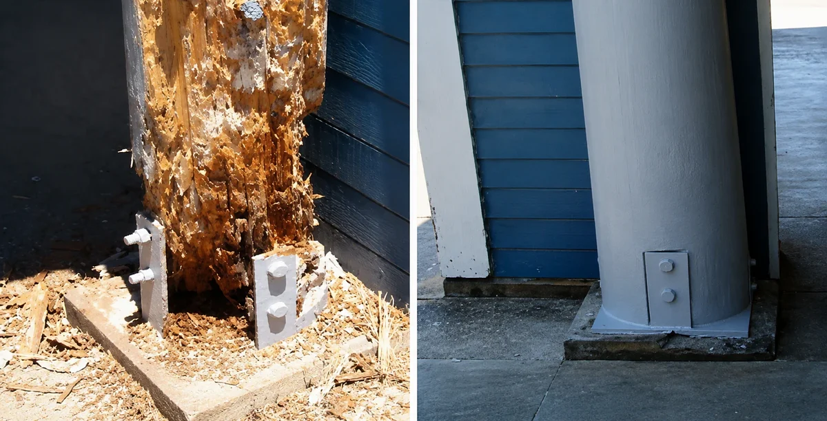 Before and after repair of a rotted exterior wood post base