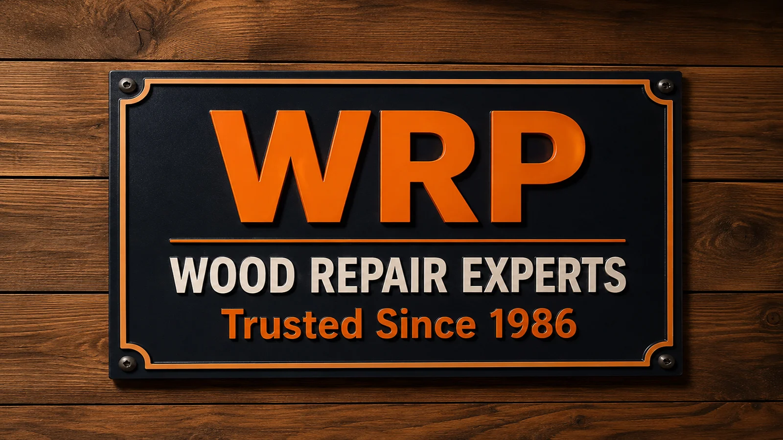 WRP Wood Repair Experts sign representing nearly 40 years of professional wood restoration experience