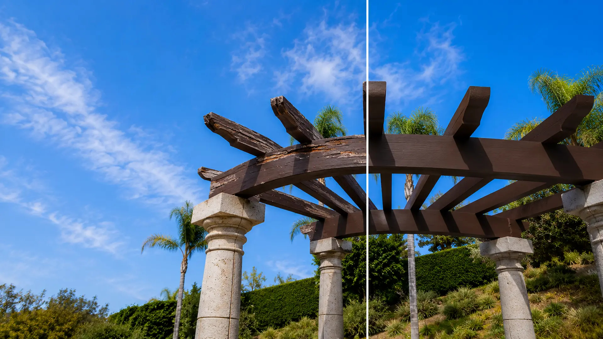Before and after restoration of a weathered pergola beam