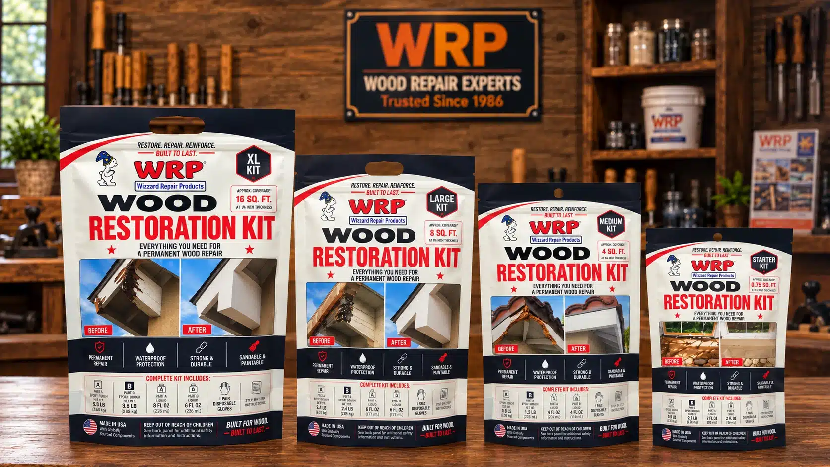 WRP Starter, Medium, Large and XL Wood Restoration Kits displayed in a workshop